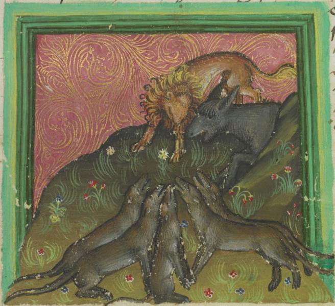 Datei:Löwe, Esel und Wölfe (MS Egerton 1121, 24r).png