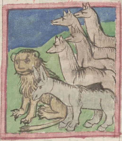 Datei:Löwe, Esel und Wölfe (Cgm 9602, 14v).jpg